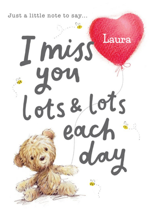 Moonpig Clintons Illustrated Teddy Bear Heart Balloon Customisable Missing You Card