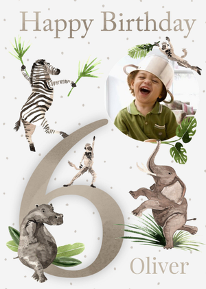 Okey Dokey Design Watecolour Illustrated Photo Upload Dancing Animals 6th Birthday Card