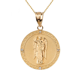 Solid Gold Archangel Saint Gabriel Diamond Engravable Medallion Pendant Necklace   1.15" ( 29 mm) (Available in Two-Tone/Yellow/Rose/White Gold)