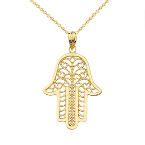 Gold Filigree Hamsa Hand Pendant Necklace (Available in Yellow/Rose/White Gold)