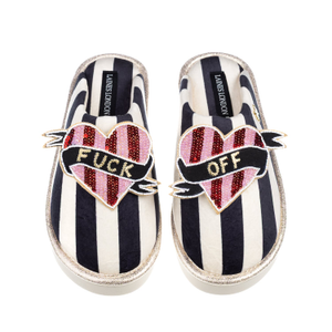 Flatform Stripe Closed Toe Slippers With Pink & Red Stripe Fuck Off Heart Brooch - Black & White (M)