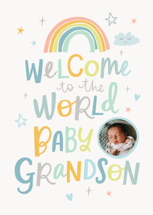 Dotty Black Welcome To The World Baby Grandson Photo Upload Card