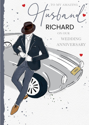 Moonpig Illustration Of A Man And A Classic Car Wedding Anniversary Card
