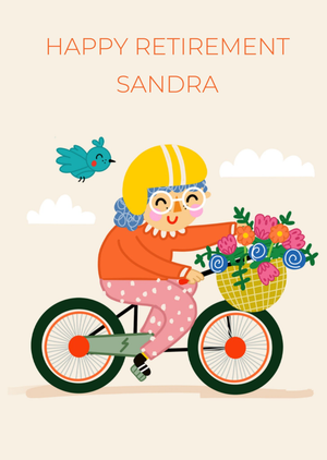 Moonpig Cute Lady Riding A Bicycle Happy Retirement Card