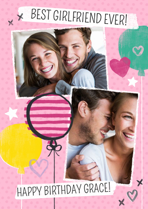 Moonpig Balloons And Double Photo Upload Personalised Happy Birthday Card For Girlfriend