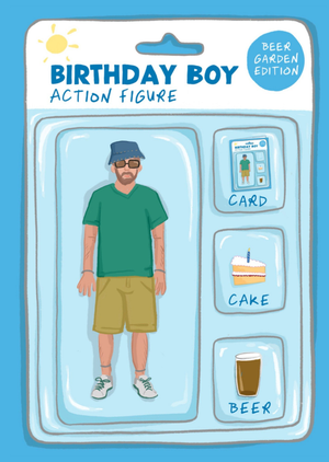 Moonpig Birthday Boy Action Figure Beer Garden Illustration Birthday Card
