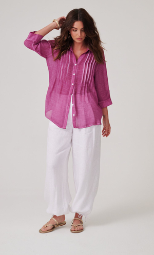 Washed Three Quarter Sleeve Crinkle Shirt - Claret