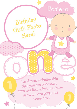 Moonpig Yellow And Pink Clouds Personalised Photo Upload Baby's 1st Birthday Card