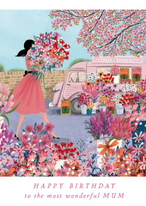 Moonpig Beautiful Illustration Of A Lady Buying A Bouquet Of Flowers Mum's Birthday Card