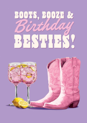 Moonpig Boot Booze And Birthday Besties Illustrated Cocktail And Cowgirl Boots Birthday Card