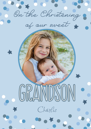 Moonpig Colourful Confetti Surrounds Circular Photo Upload Grandson Christening Card