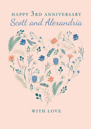 Moonpig Editable Floral Heart 3rd Anniversary Card