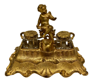 Antique Bronze French Double Inkwell With Cherub
