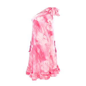 Wilma Sh, One-Shoulder Pink Midi Dress Floral Cotton Summer Dress (M/L)