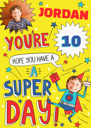 Moonpig Designers Bright Colourful Illustrated Super Hero Photo Upload Birthday Card