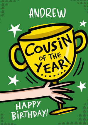 Moonpig Cousin Of The Year Illustrated Trophy Happy Birthday Card