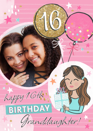 Moonpig Illustration Of A Girl With A Present Granddaughter's Sixteenth Photo Upload Birthday Card