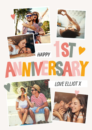 Moonpig Collage Of Five Photo Frames With Colourful Typography 1st Anniversary Photo Upload Card