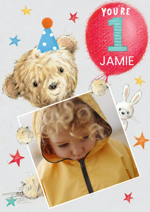 Moonpig Cute Illustrated Teddy Bear And Rabbit You're 1 Photo Upload Birthday Card