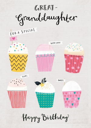 Moonpig Illustrated Cupcakes Typographic Great Granddaughter Birthday Card