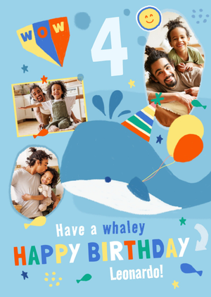 Moonpig Wow 4th Birthday Party Balloons Whaley Illustration Photo Upload Card