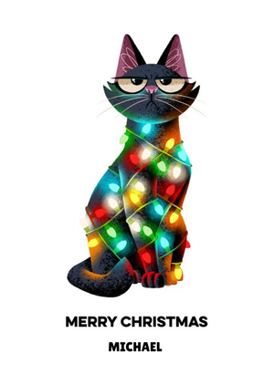 Moonpig Folio Illustration Of A Frowning Cat Tangled In Christmas Lights