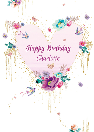 Moonpig Beautiful Hand-Painted Love Heart Sparrows And Butterflies Illustration Happy Birthday Card