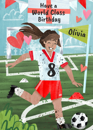 Moonpig Girl Playing Football England Supporter Illustrated Birthday Card