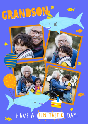 Moonpig Illustration Of Sharks In Party Hats With Four Photo Frames Grandson's Photo Upload Birthday Card