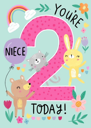 Moonpig Niece You're 2 Today Cute Quirky Ilustrated Animals Birthday Card