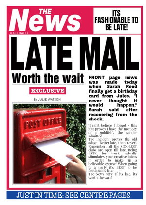 Moonpig Designers Newspaper Headline Late Mail Personalised Happy Belated Birthday Card