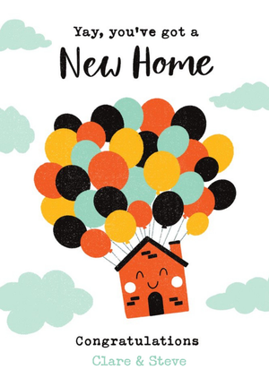 Moonpig Bright Illustration Of A Floating Happy House. Yay You've Got A New Home Card