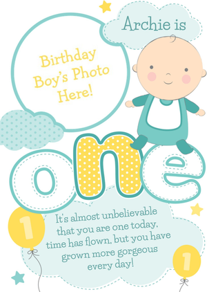 Moonpig Baby In Clouds Personalised Photo Upload Happy 1st Birthday Card