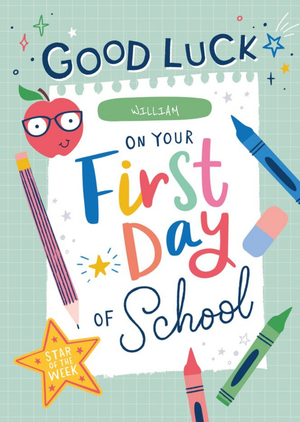 Moonpig Modern Fun Illustration With Apple And Stationary On Paper Personalise Name First Day Of School Card