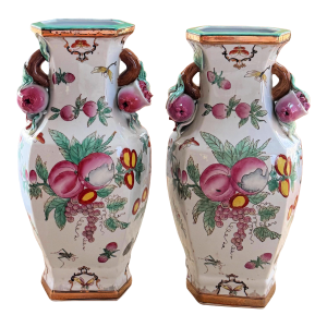 Pair of Famille Rose Vases Pomegranate Handles