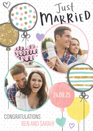 Moonpig Spots And Stripes Balloons Personalised Double Photo Upload Just Married Card