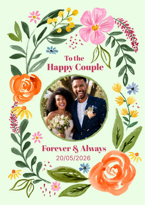 Moonpig Watercolour Floral Photo Upload Happy Couple Wedding Card