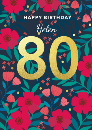 Moonpig Illustration Red Floral 80 Milestone Female Birthday Card
