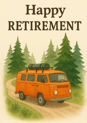 Moonpig Retro Campervan Driving Through A Forest Retirement Card