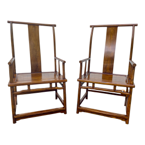1960s Pair of Chinese Ming Style Cypress Wood Arm Chairs