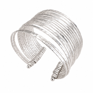 Organic Hammered Wire Cuff Bracelet | Semi-Matte Silver Plated Statement Open Bangle