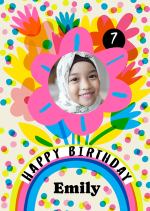 Moonpig Katt Jones Super Colourful Transparent Overlapping Flowers And Dots Photo Upload Birthday Card
