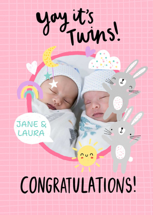 Moonpig Circular Photo Frame With Illustrations Of Bunnies It's Twins Photo Upload Card