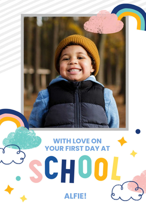 Moonpig Photo Frame Surrounded By Colourful Clouds And Rainbows First Day Of School Photo Upload Card