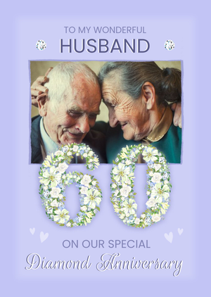 Moonpig Floral Number Sixty Arrangement With Photo Frame Diamond Anniversary Photo Upload Card