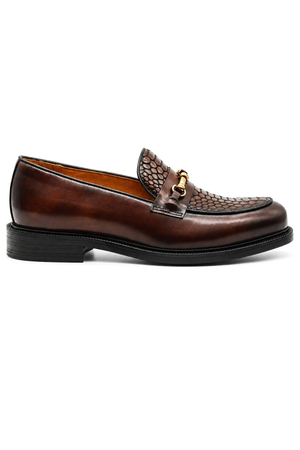 ASCOT Men’s Brown Snake-Effect Leather Snaffle Loafers