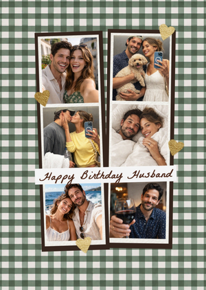 Moonpig Happy Birthday Husband Gingham Pattern Photo Upload Card