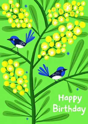 Moonpig Vibrant Illustration Of A Pair Of Superb Fairywren Perched In A Golden Wattle Tree Birthday Card