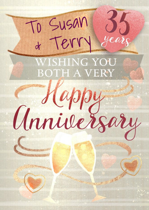 Moonpig Illustration Of Glasses Of Wine With Banners And Hearts Thirty Fifth Anniversary Card