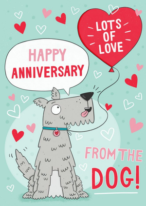 Moonpig Designers Illustration Of A Dog With A Heart Shaped Balloon Surrounded By Hearts From The Dog Anniversary Card